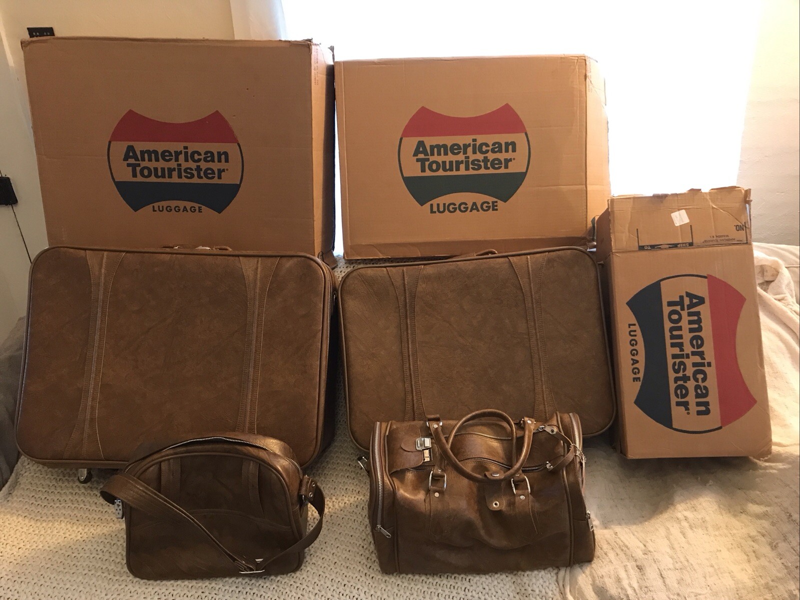 Vtg American Tourister 4 Piece Luggage Set Mustang Brown Soft Keys Boxes Nice