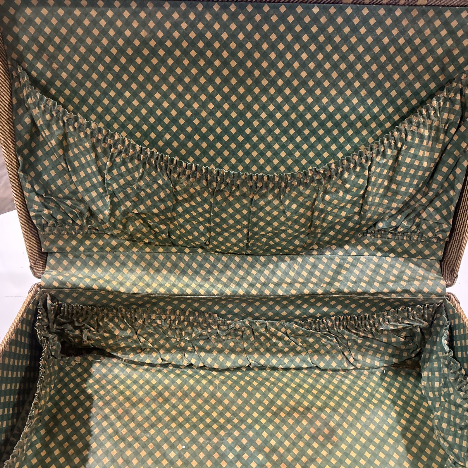 Vintage 1940’s Tweed Case Travel Trunk Suitcase Luggage Train Case Décor Striped
