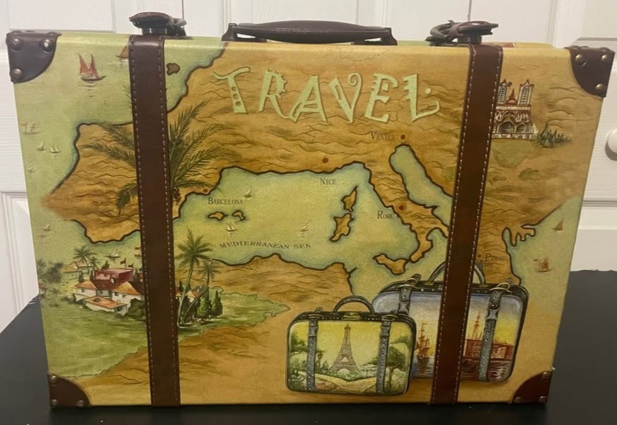 Vintage Decorative Travel Map Suitcase with Straps