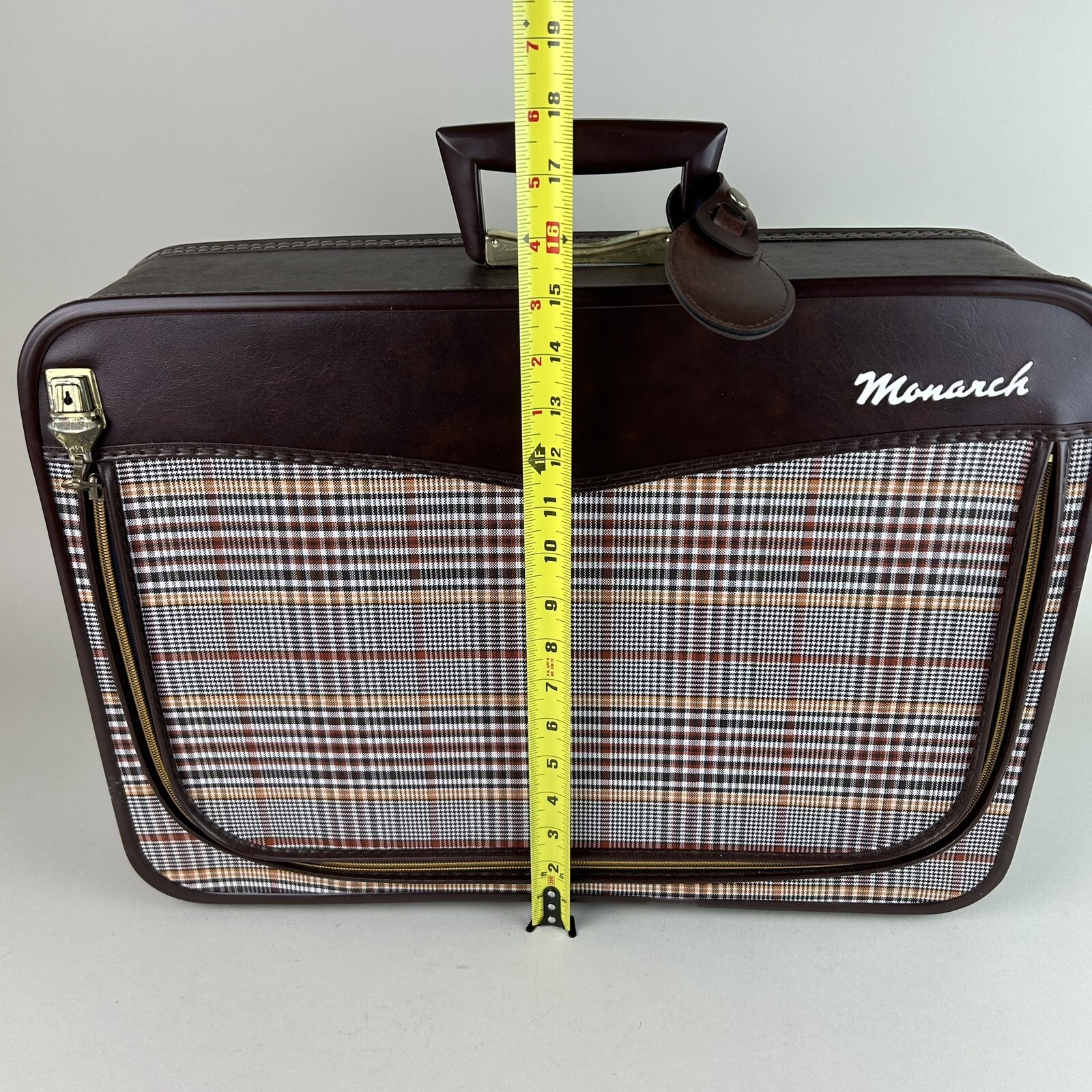 RARE Vintage Monarch Suitcase WITH KEY Faux Leather Brown Plaid Design Zipper