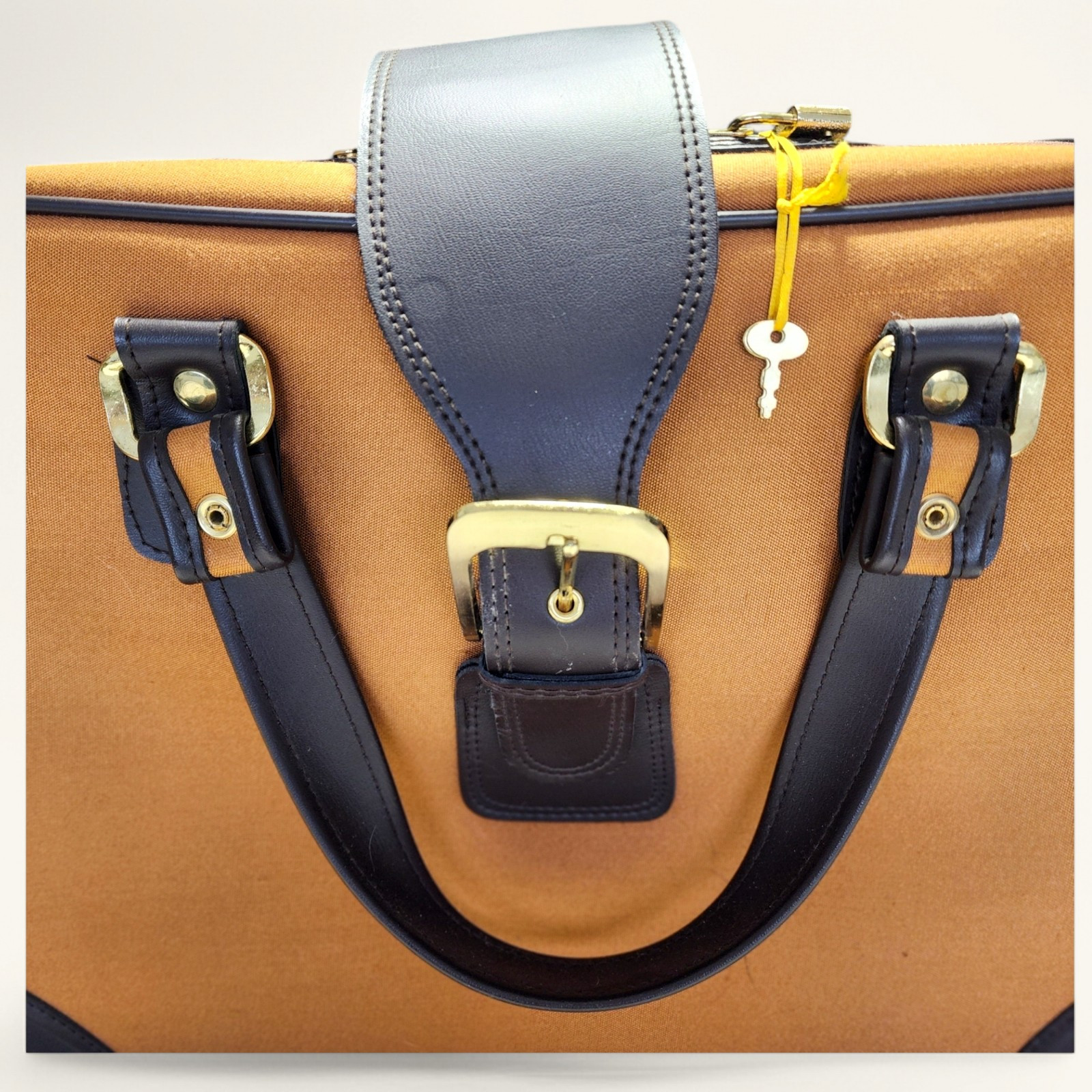 Vintage Carry On Suitcase Tan Brown Canvas Faux Leather 22in Travel 70s 80s