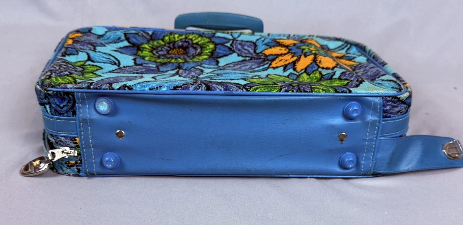 Vintage 1960s Montgomery Ward Stratolite Blue Floral Suitcase Retro MCM Hippie