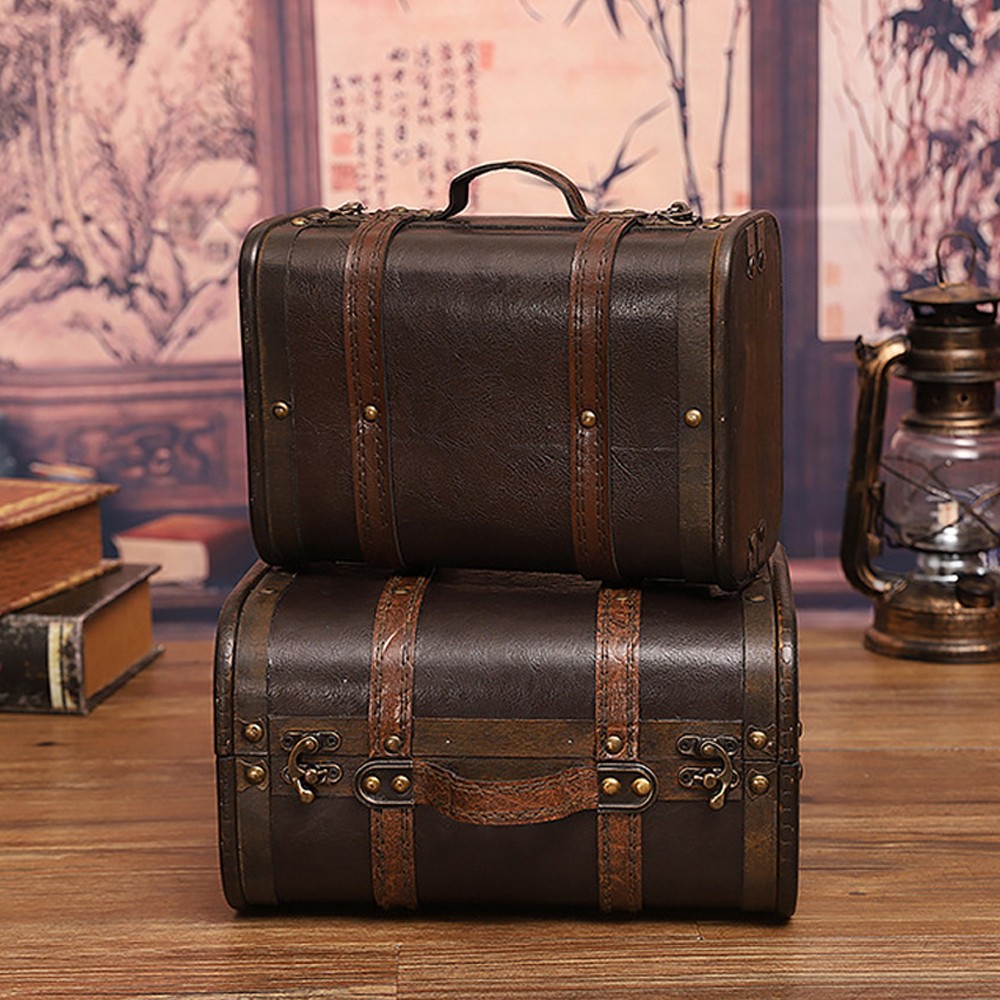 Vintage Wood Leather Antique Suitcase Storage Box Photography Prop Home Decor V1