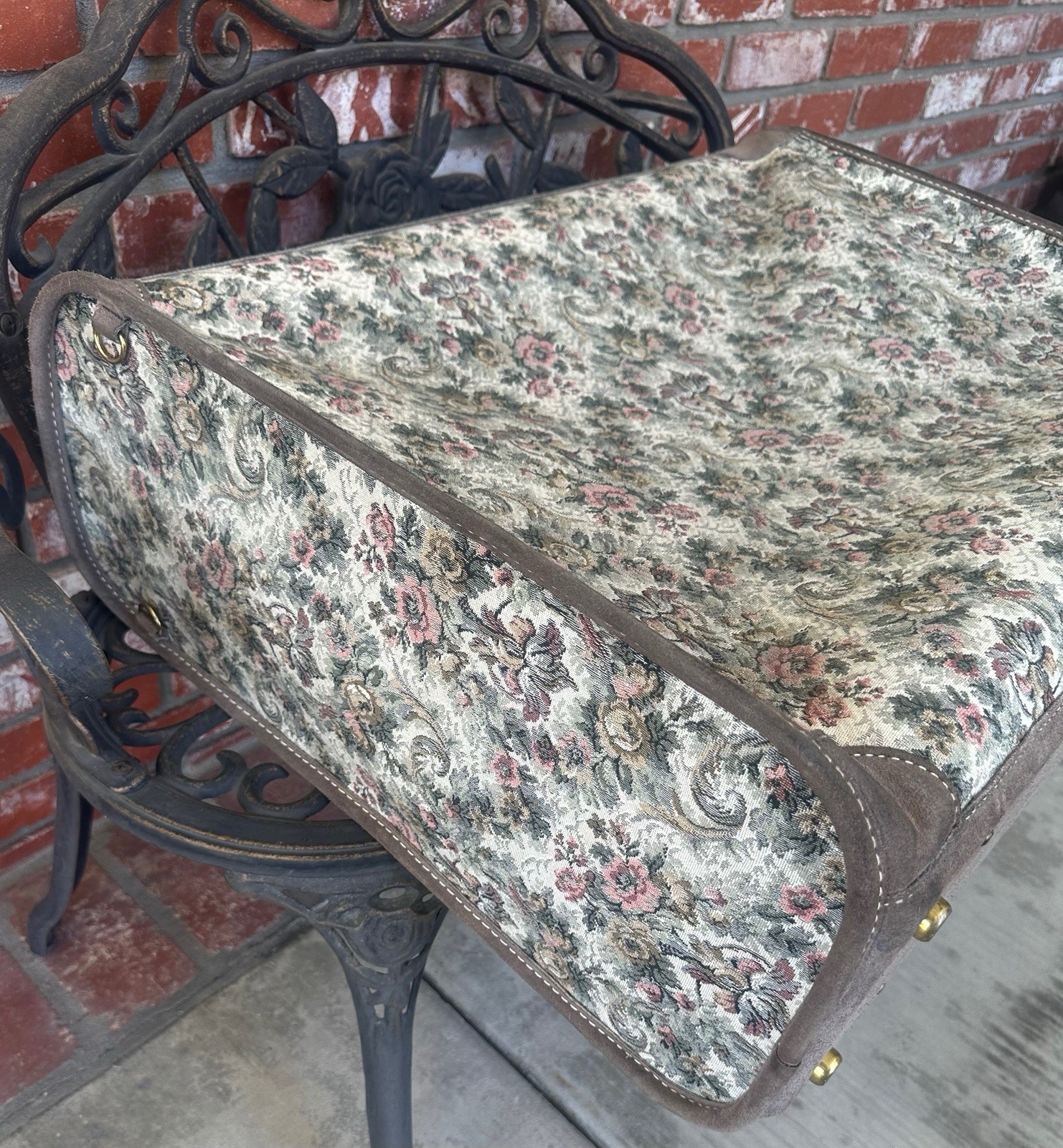 Vintage French Co Luggage; Grey Rose Tapestry W/Suede/ID Tag; Blue Int/Cmbo Lock