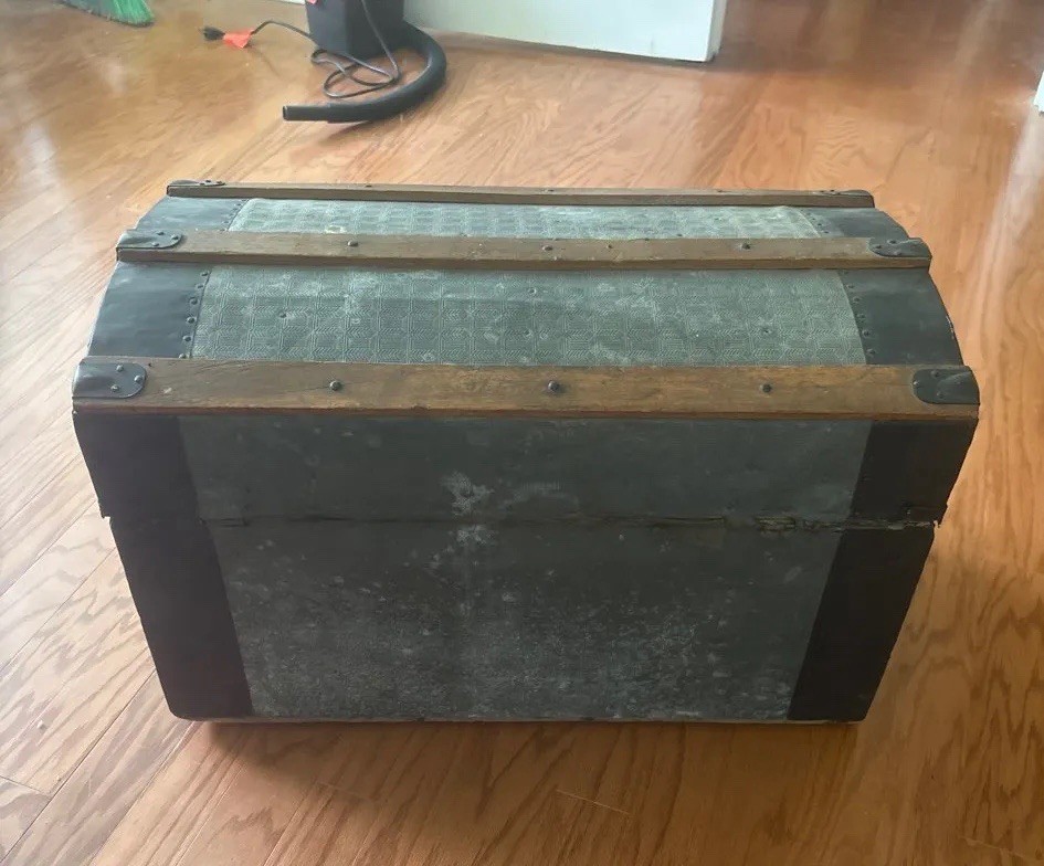 Early 1900s Antique Steamer Trunk – Metal Clad Travel Chest w/ Leather Handles