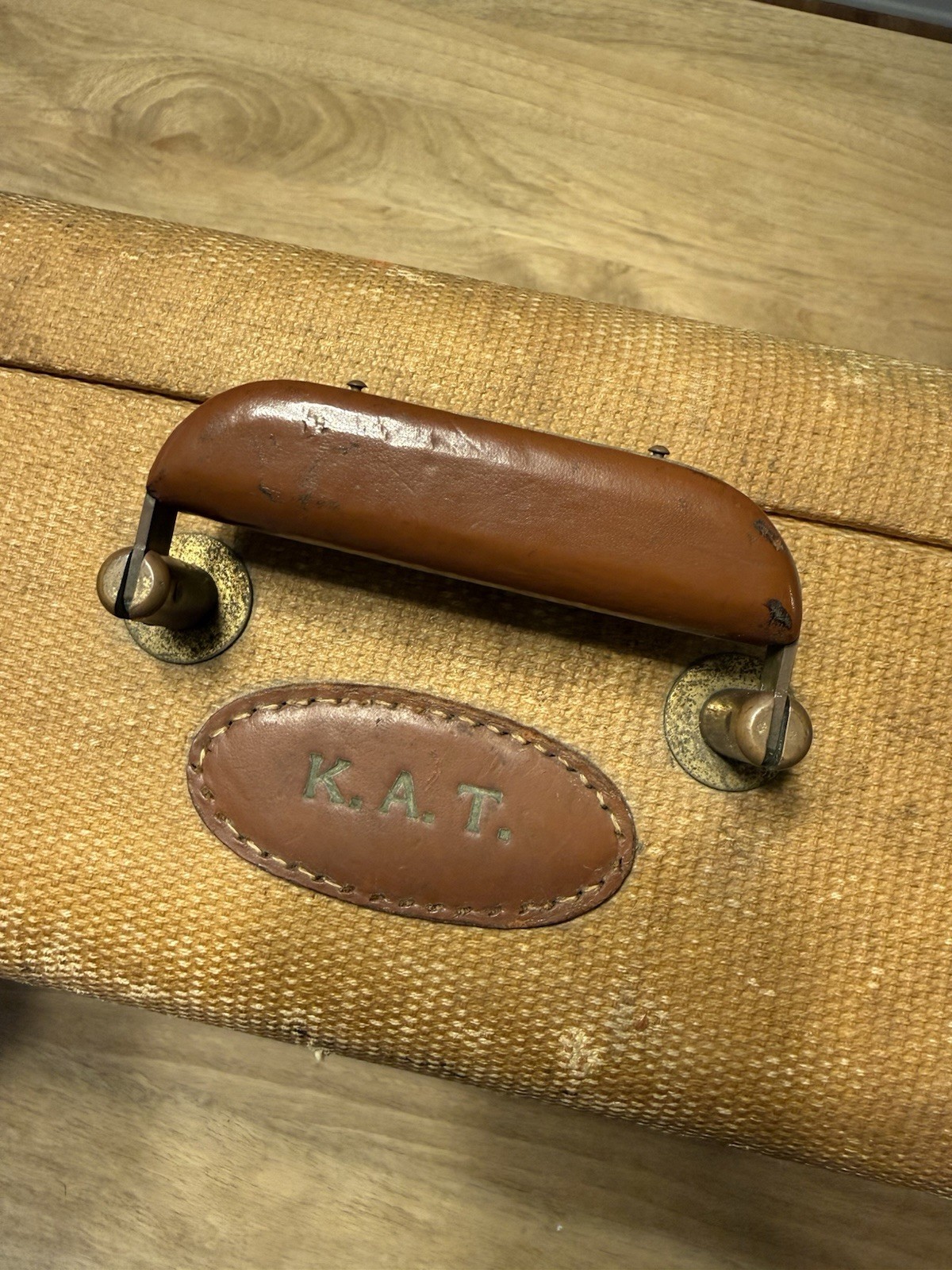 Vintage White Star Luggage Tweed / Tan Leather Trim Suitcase
