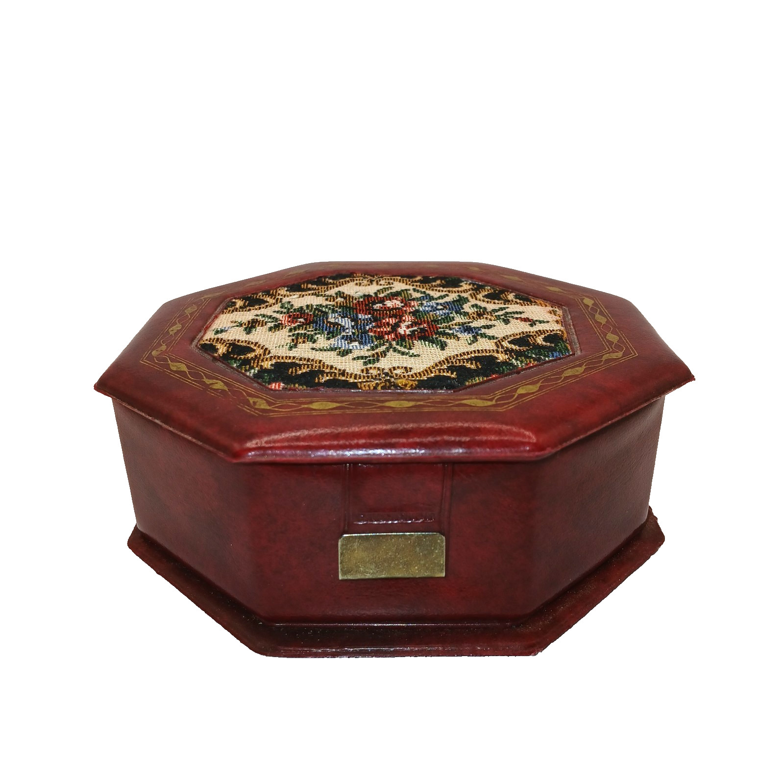 Vtg Octagonal Tapestry Jewelry Box Makeup Travel Storage Case Floral Roses Small