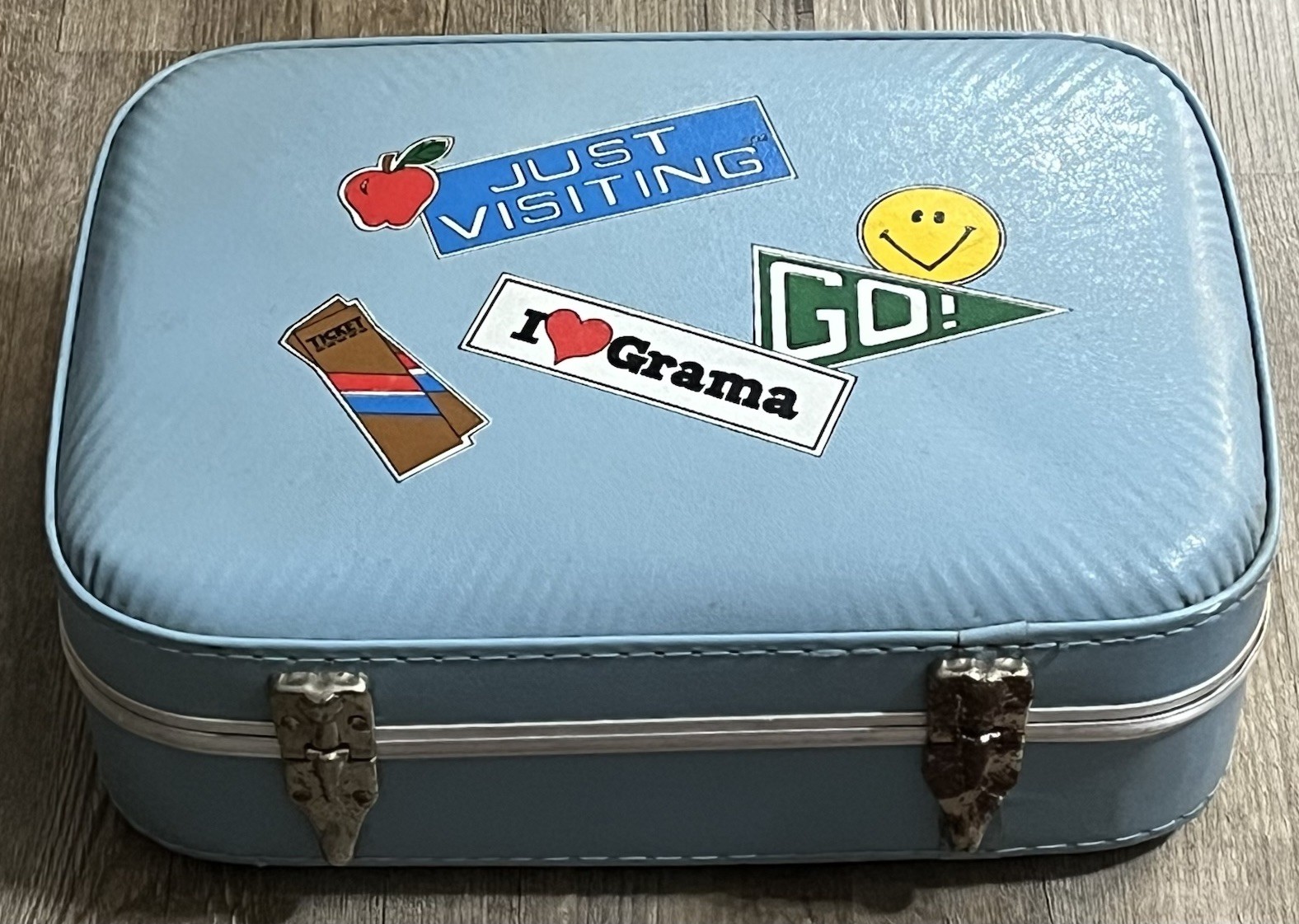Vintage 1970’s Blue Suitcase Hard Vinyl Vanity Case Travel Visiting Grandma