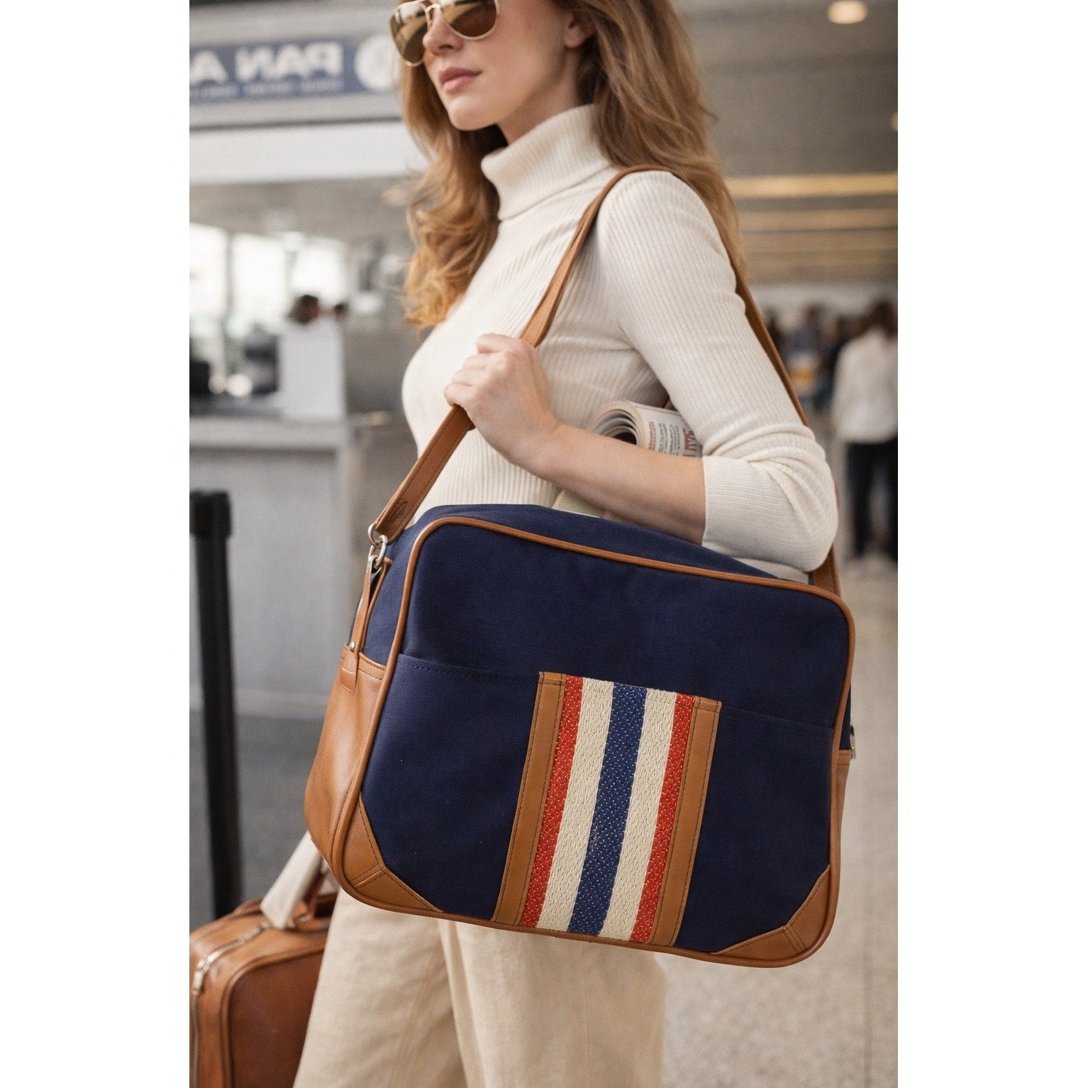 VTG 1970s American Luggage Airline Travel Bag Mod Blue Stripe Weekender