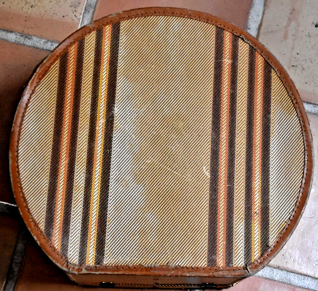 Vintage 1920s Round Suitcase Textured Beige Pin Stripped Vinyl w/ Leather Trim*