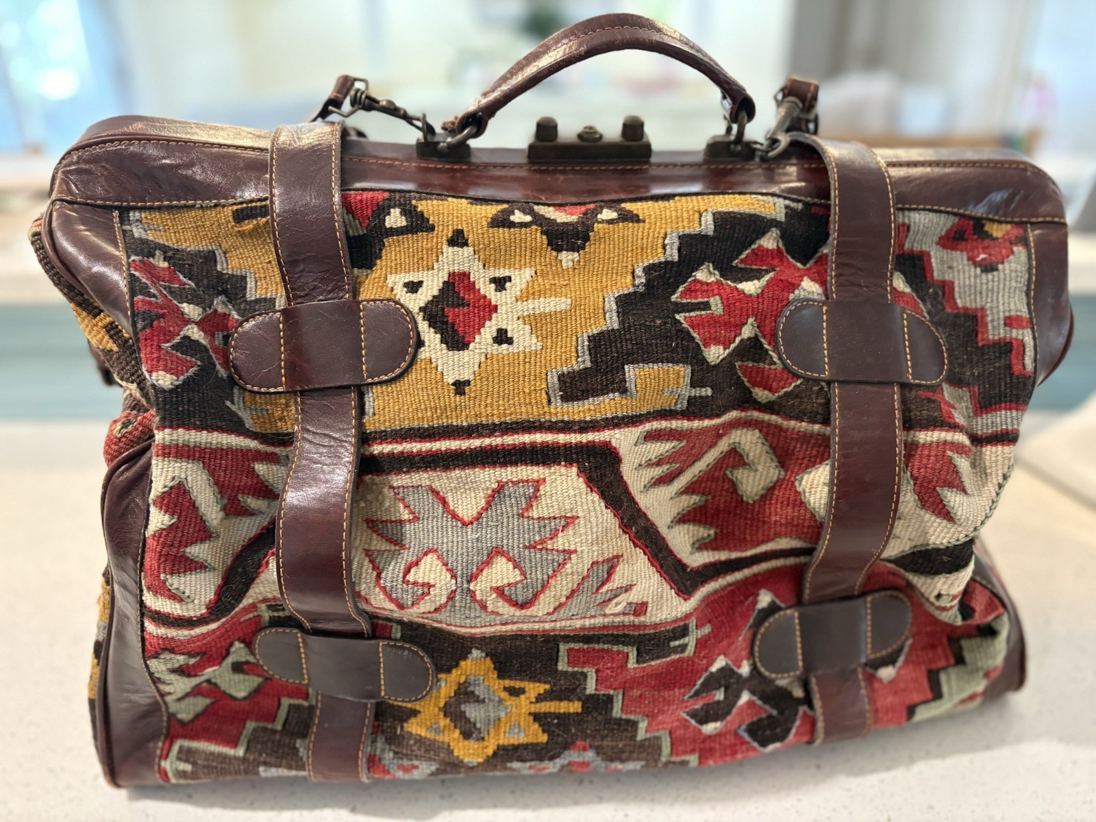 Vintage Leather & Kilim Carry On Travel Weekender Luggage Carpet Bag Overnight