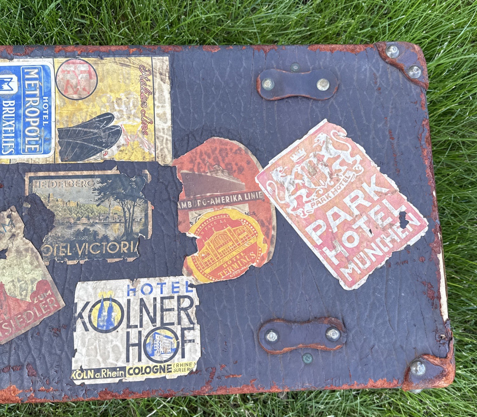 Antique Suitcase Circa 1900-1920 With Original Keys Leather Straps Stickers