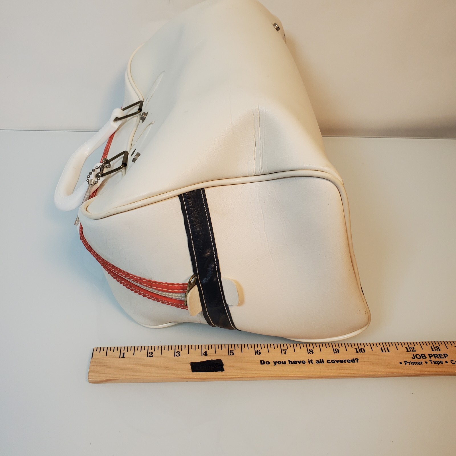 VTG Y2K Sport Overnight Bowling Faux Leather Bag Retro White Red Blue SZ 15 X 10