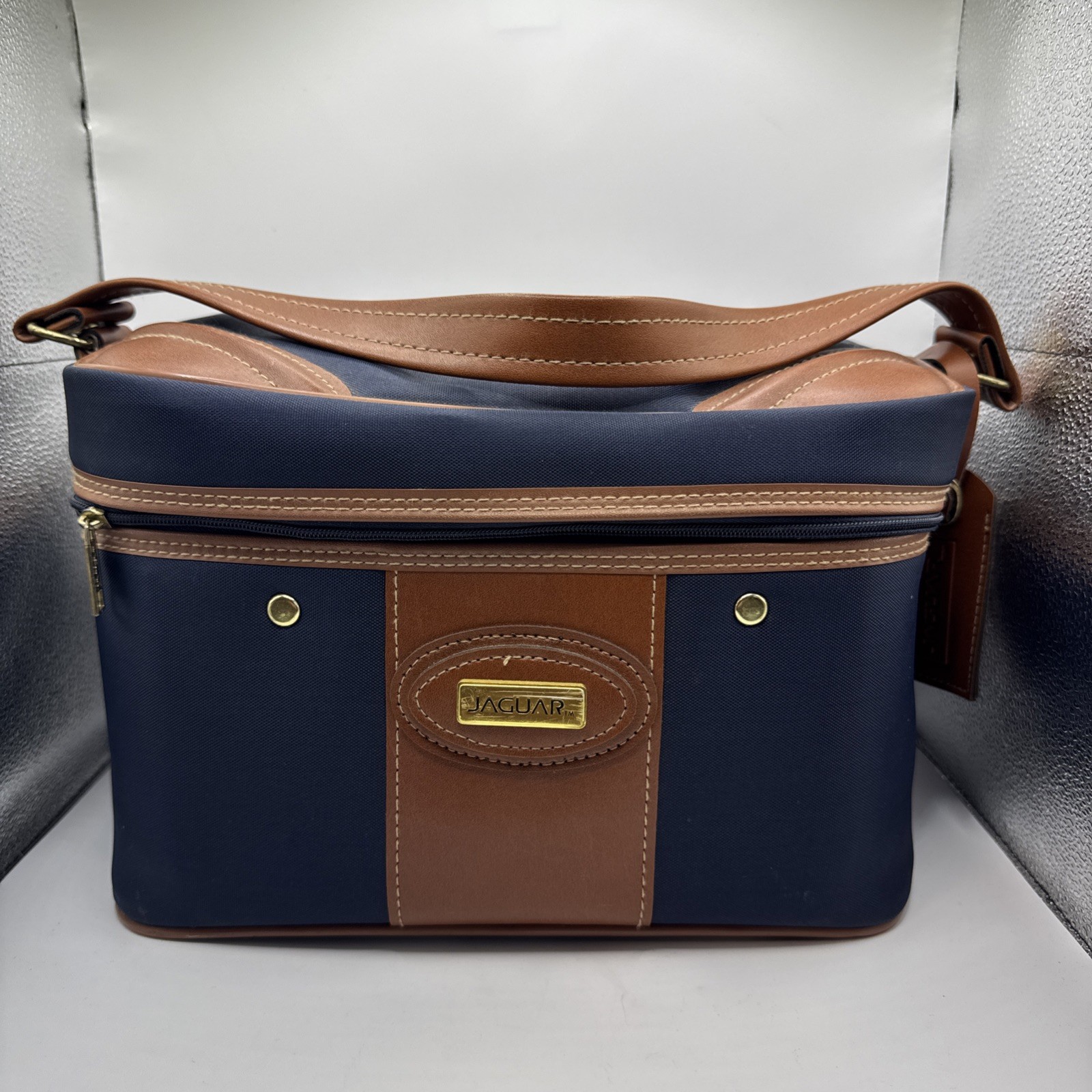 Jaguar Luggage Carry On Train Case Navy Blue Brown Trim Travel Bag 12”x8”x6”