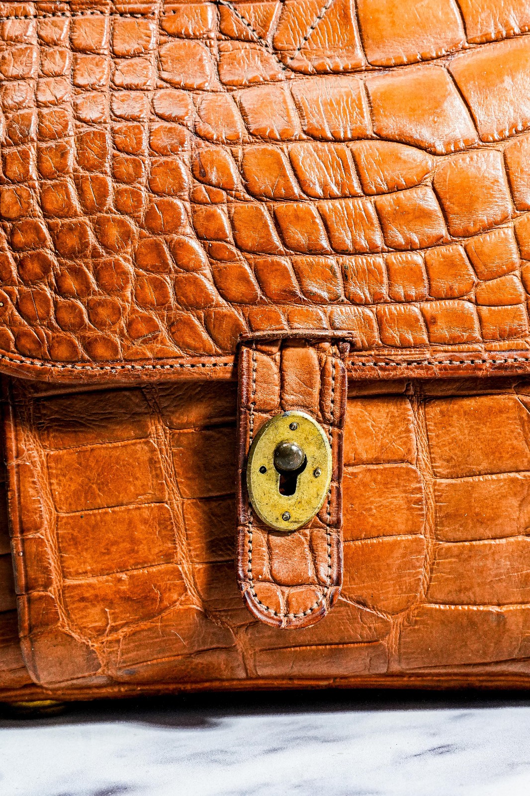 Edwardian Antique Crocodile Leather Gladstone Bag Travel Suitcase