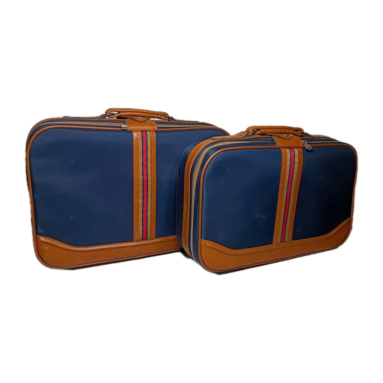Vintage Prima 2 Piece Suitcase Luggage Set Blue Lining Tan Handles Striped Retro