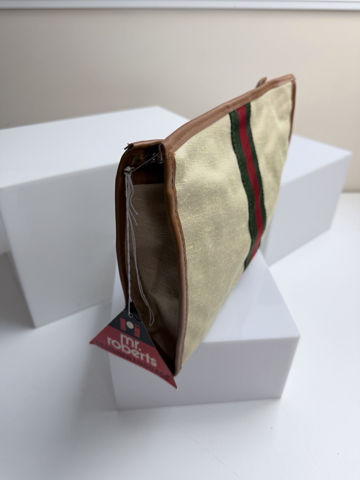 Vintage Mr. Roberts Toiletry Luggage Travel Bag Beige Red Stripe NWT