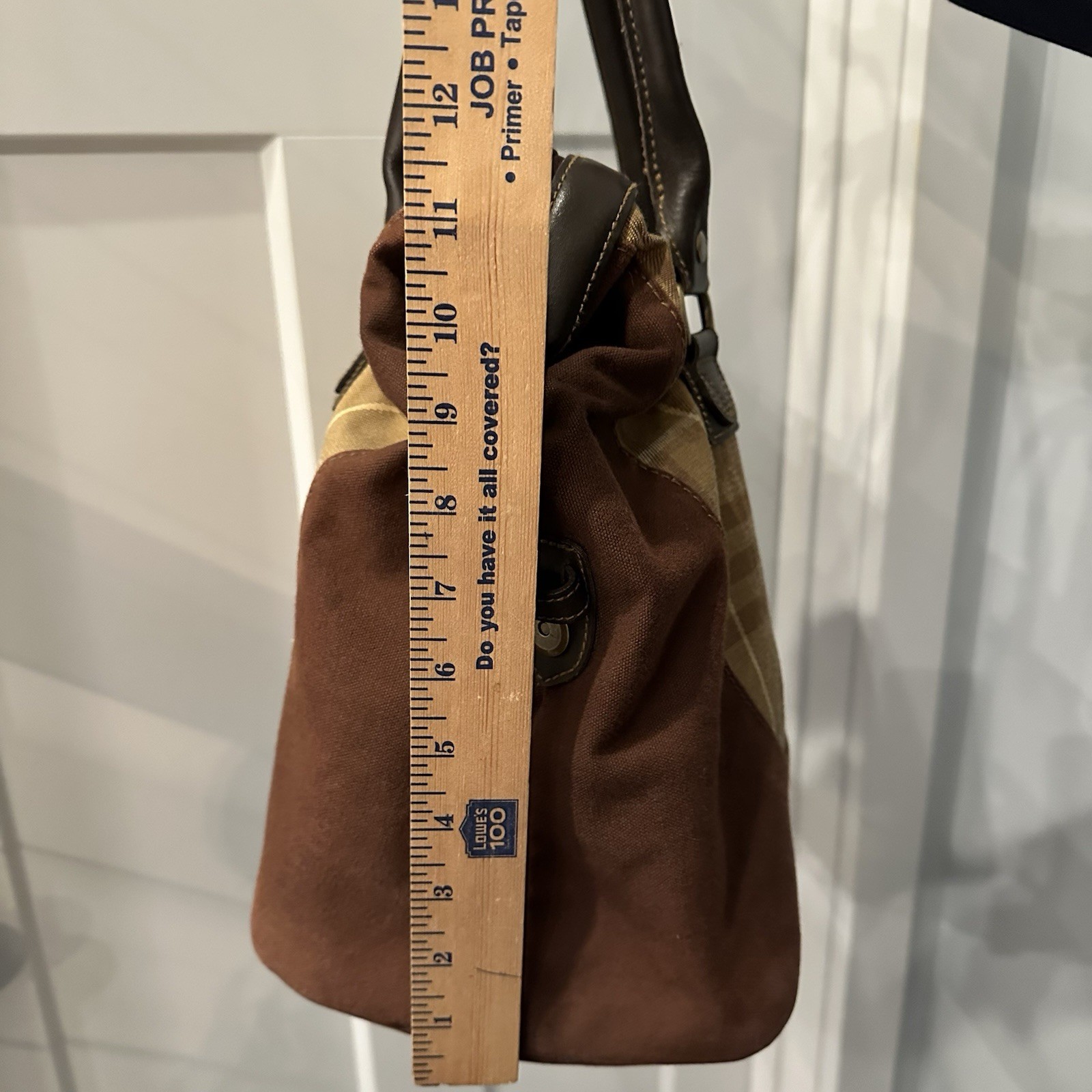 Vintage Eddie Bauer Brown Plaid Canvas & Leather Travel Duffle Satchel Bag