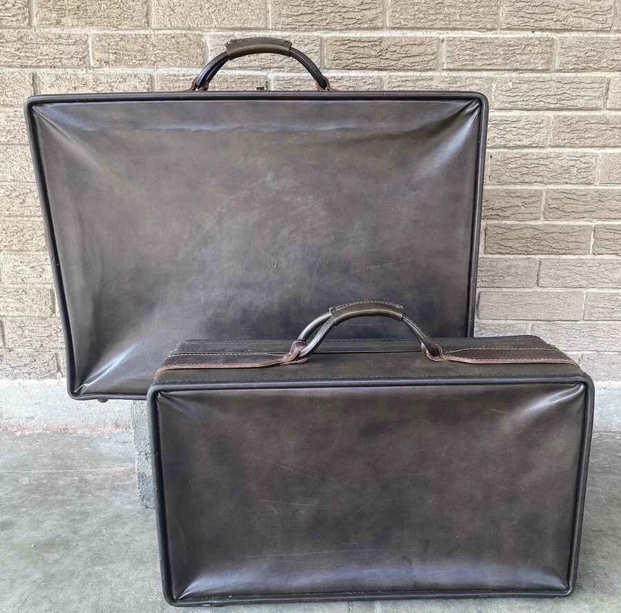 Vtg MCM 1950s Hartmann Leather Luggage Wardrobe Suitcase Matching 2 Piece 1 Key