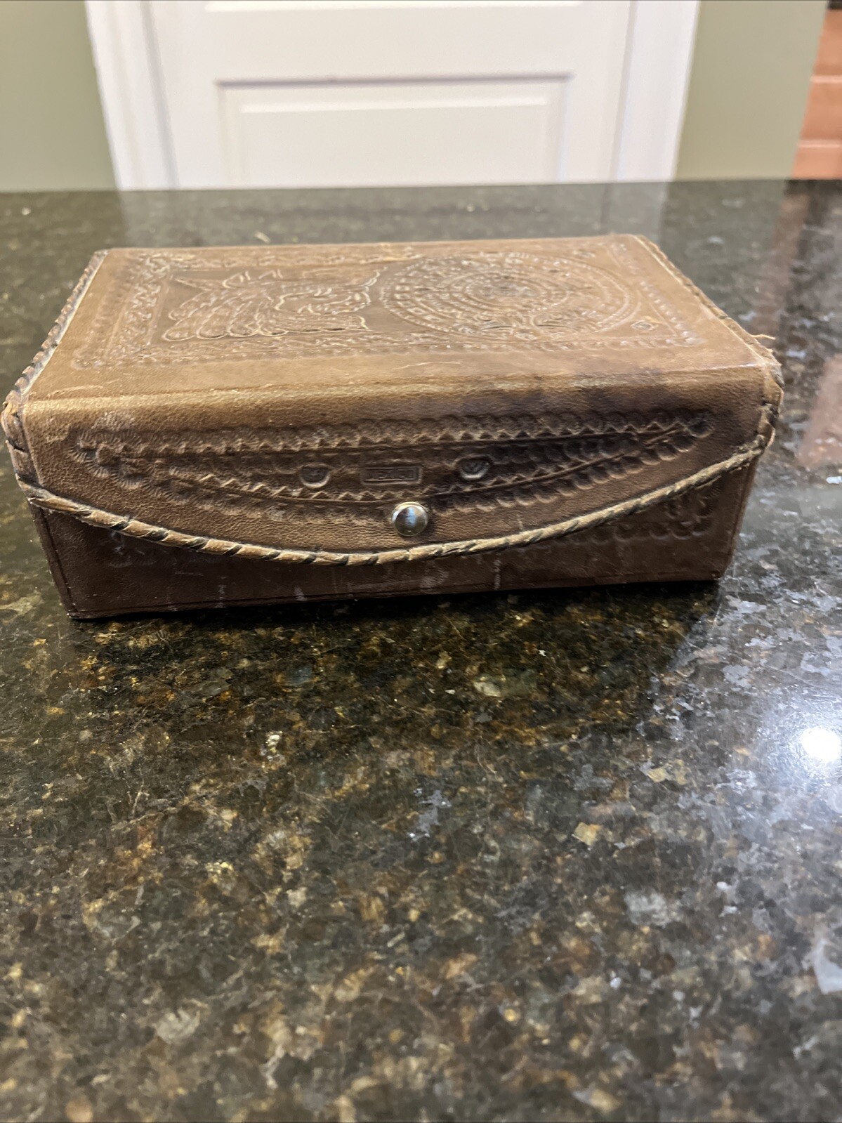 Artmex Vintage Brown Leather Aztec Jewelry Box with snap 8″ long x 5″ wide x 3″