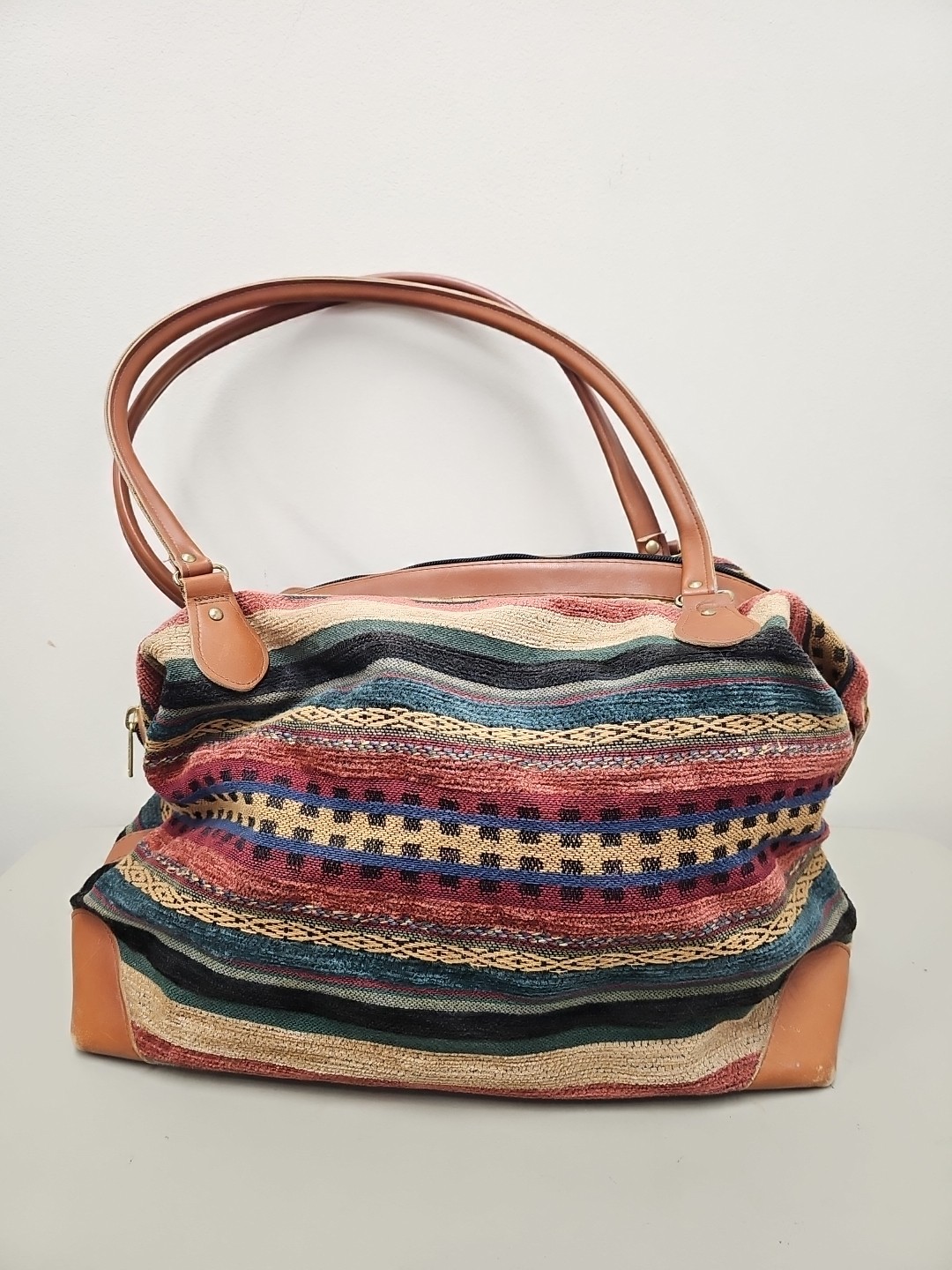 Vintage LL BEAN Traveler Tweed & Leather Tote Bag Large Carry on Weekender