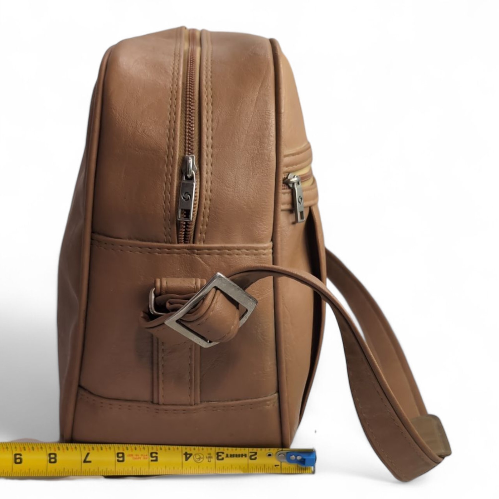 Vintage Samsonite Shoulder Bag Faux Leather Tan Travel Crossbody 11×11