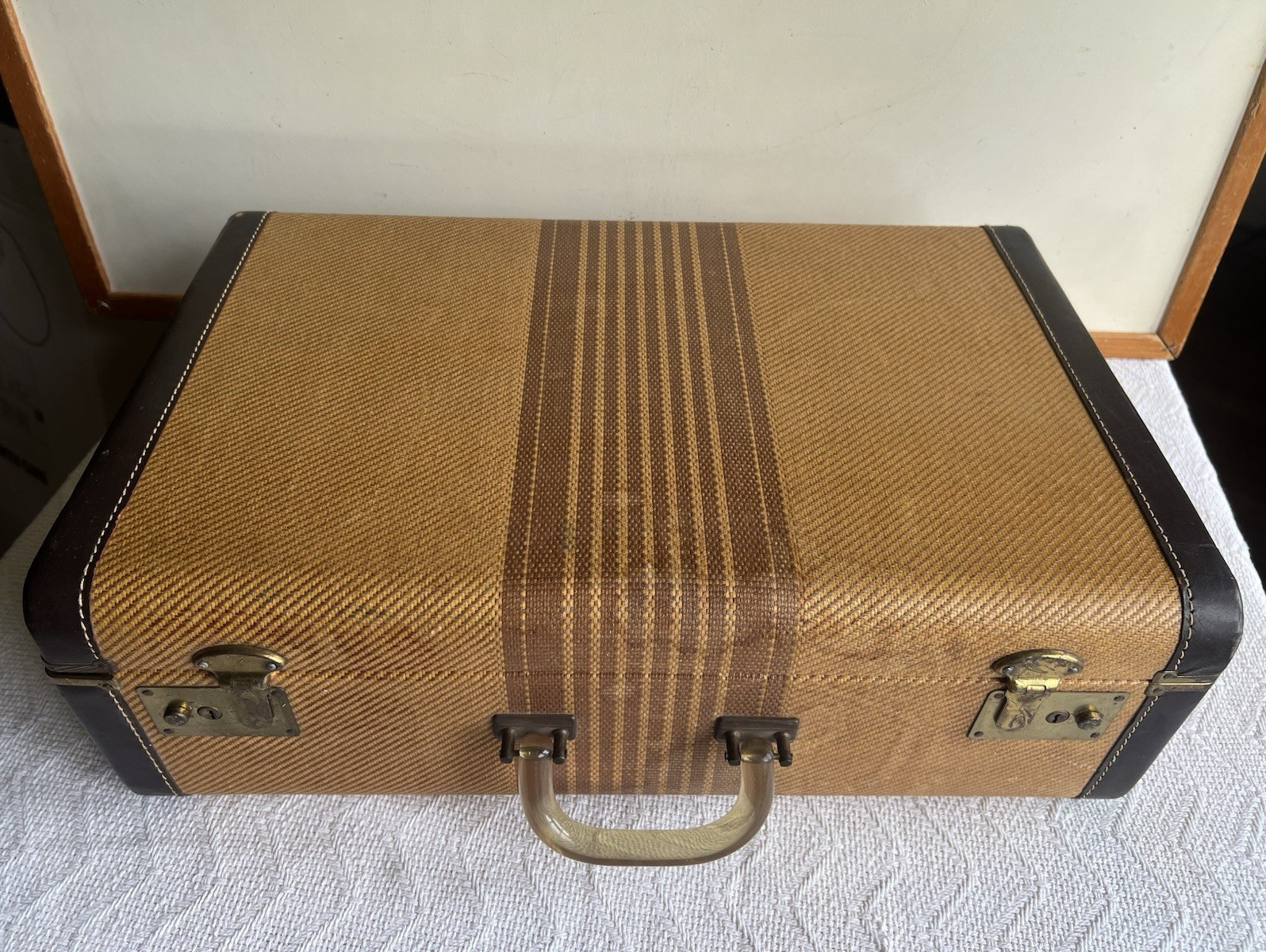 Vintage 1940–50 Striped Tweed Hard Shell Suitcase Brass Hardware Satin Interior