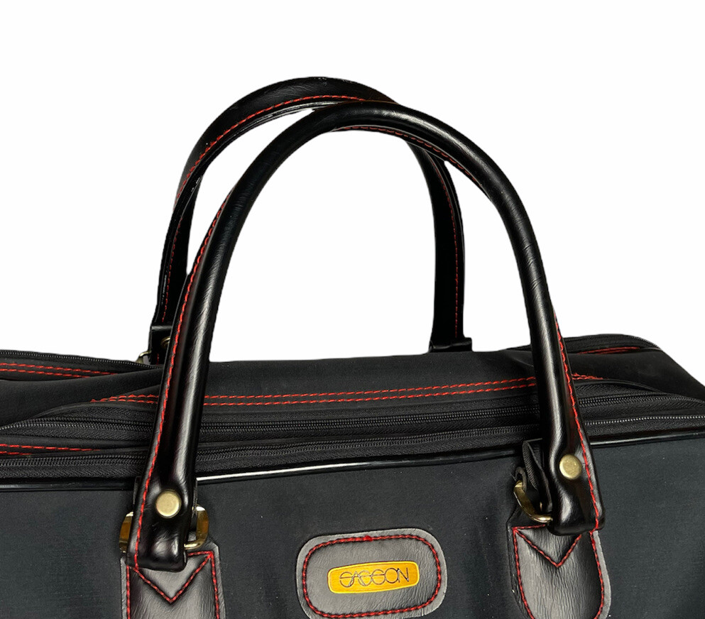 Vintage Sasson Duffel Bag Suitcase Luggage Travel Tote Black Carry On Red Stitch