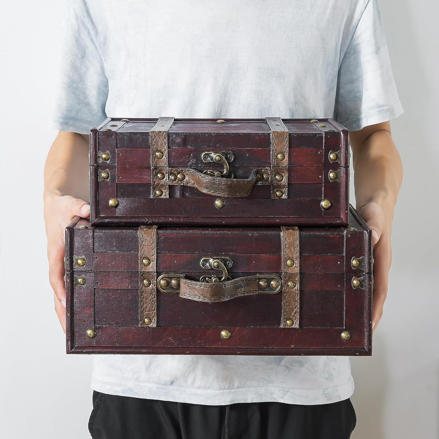 Vintage Wooden Luggage Trunks – Set of 2 Decorative Antique Suitcase Boxes