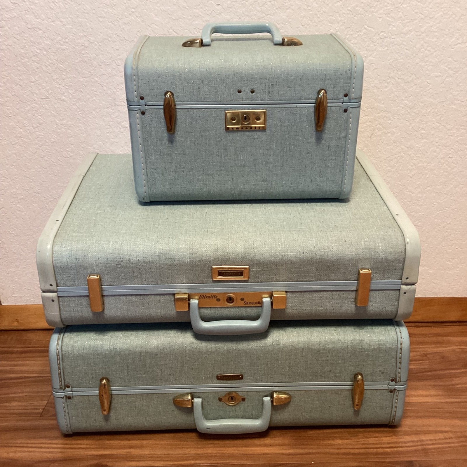 Vintage 1950s Samsonite Streamlite Blue Tweed Luggage 3 Piece Suitcase Set Keys