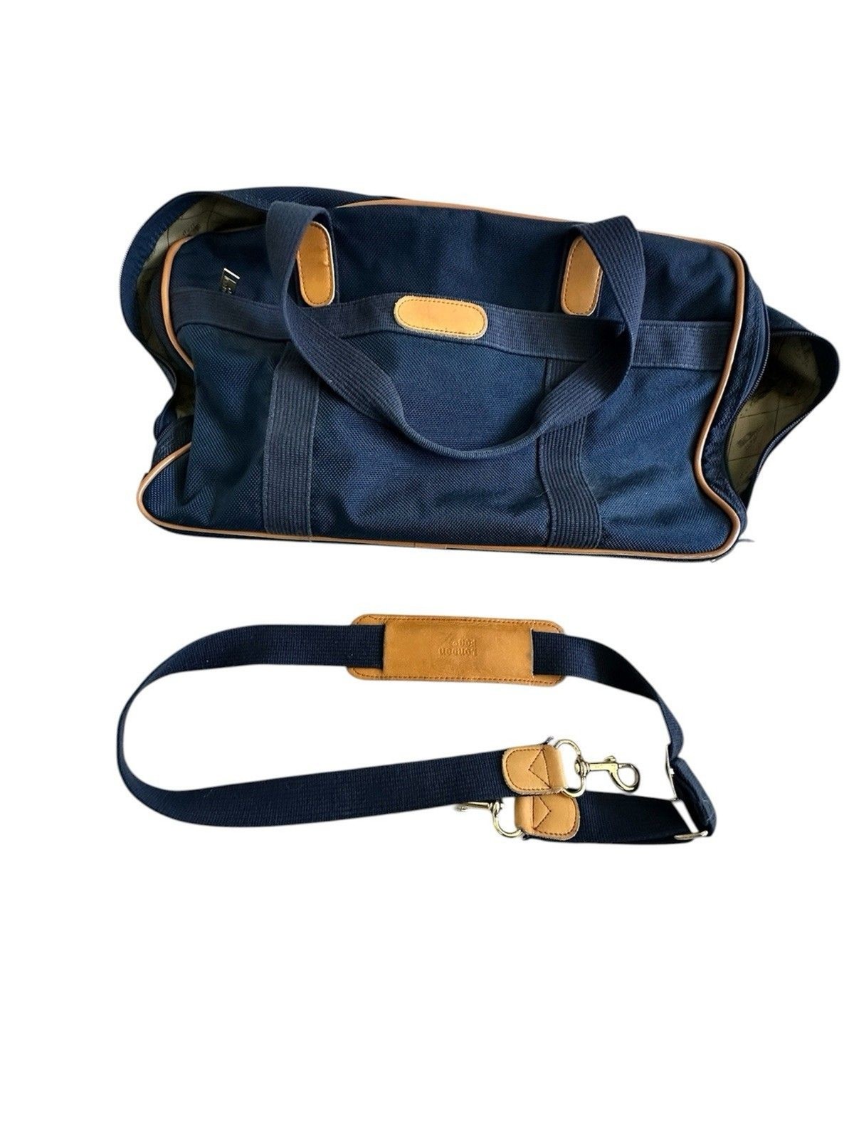 London Fog VTG Navy Canvas Weekender Duffle Bag Big Ben Logo Lining Leather Trim