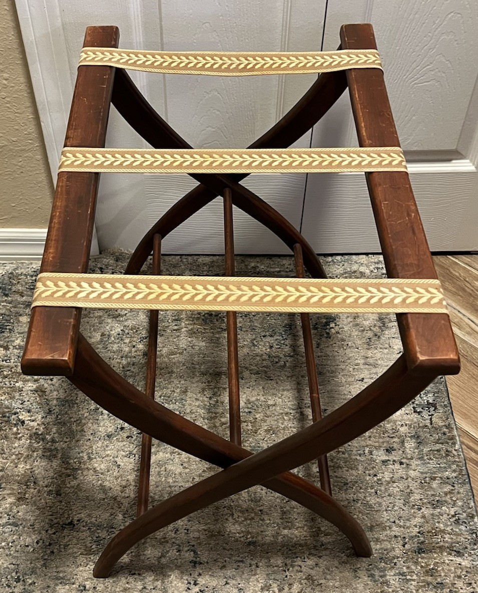 Wooden 60s Folding Luggage Rack Suitcase Stand Tapestry Straps Pennsylvania Made