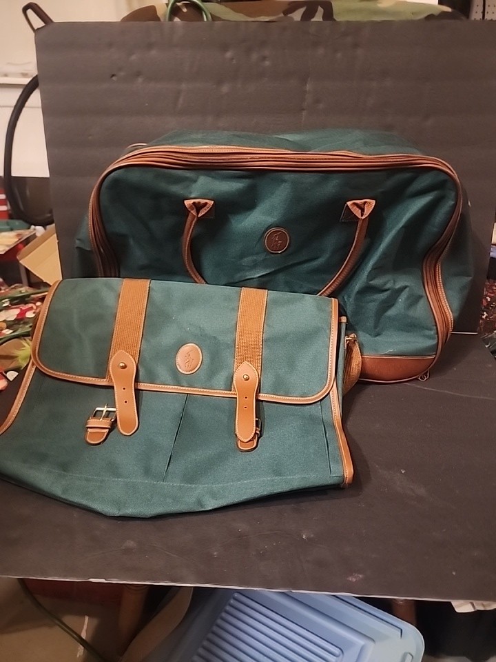 Vtg Polo Ralph Lauren 2pc Travel Bag Set Green Canvas Duffel Messenger Luggage