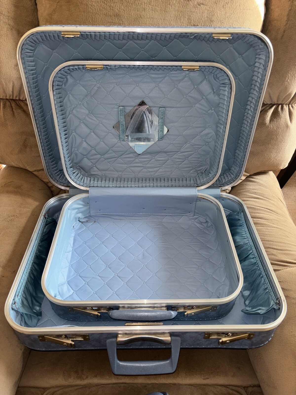 Vintage Scovill Blue Marble 4 Piece Luggage Suitcase Overnight Bags Shave Bag
