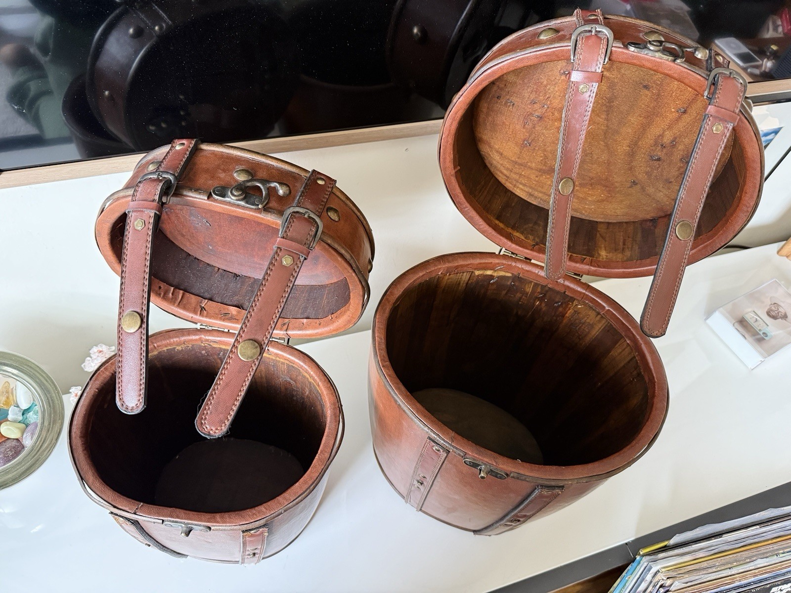 True Vintage Brown Leather Hard Hat Box Travel Cases Set of 2 Locking