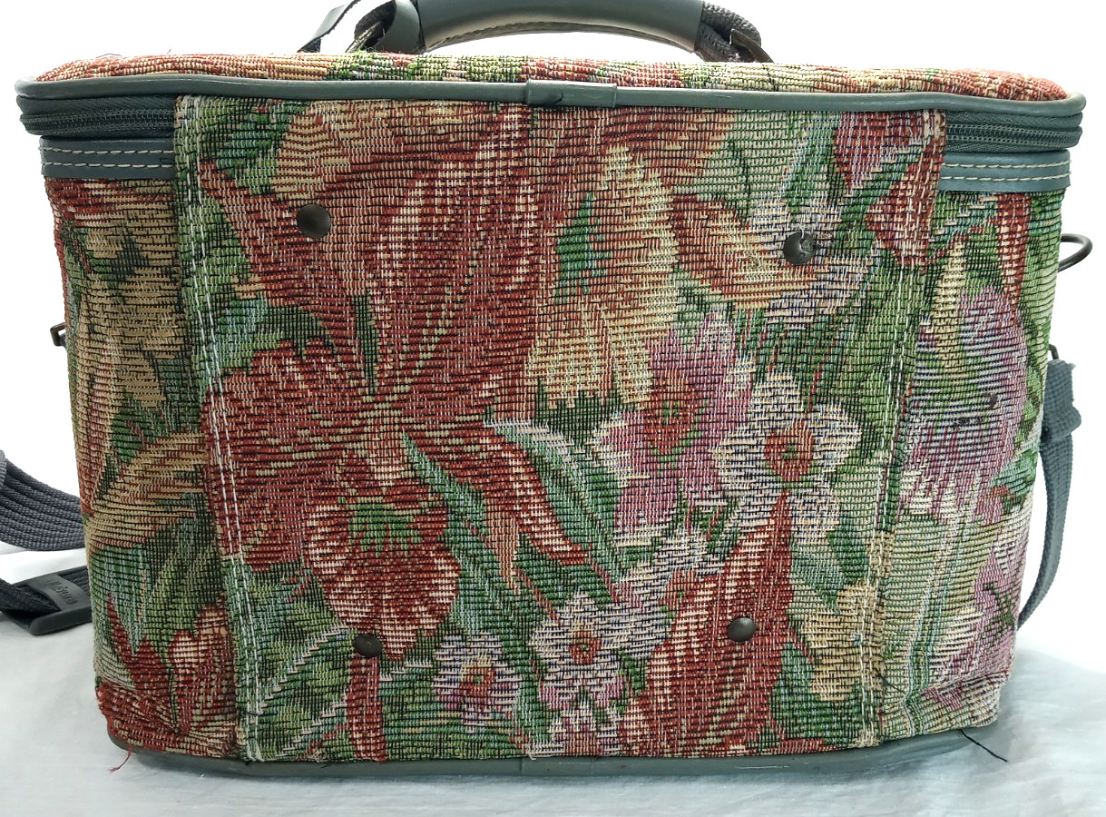 Vintage 80s LIESURE Vanity Train Case Cosmetic Bag Green Floral Tapestry Fabric