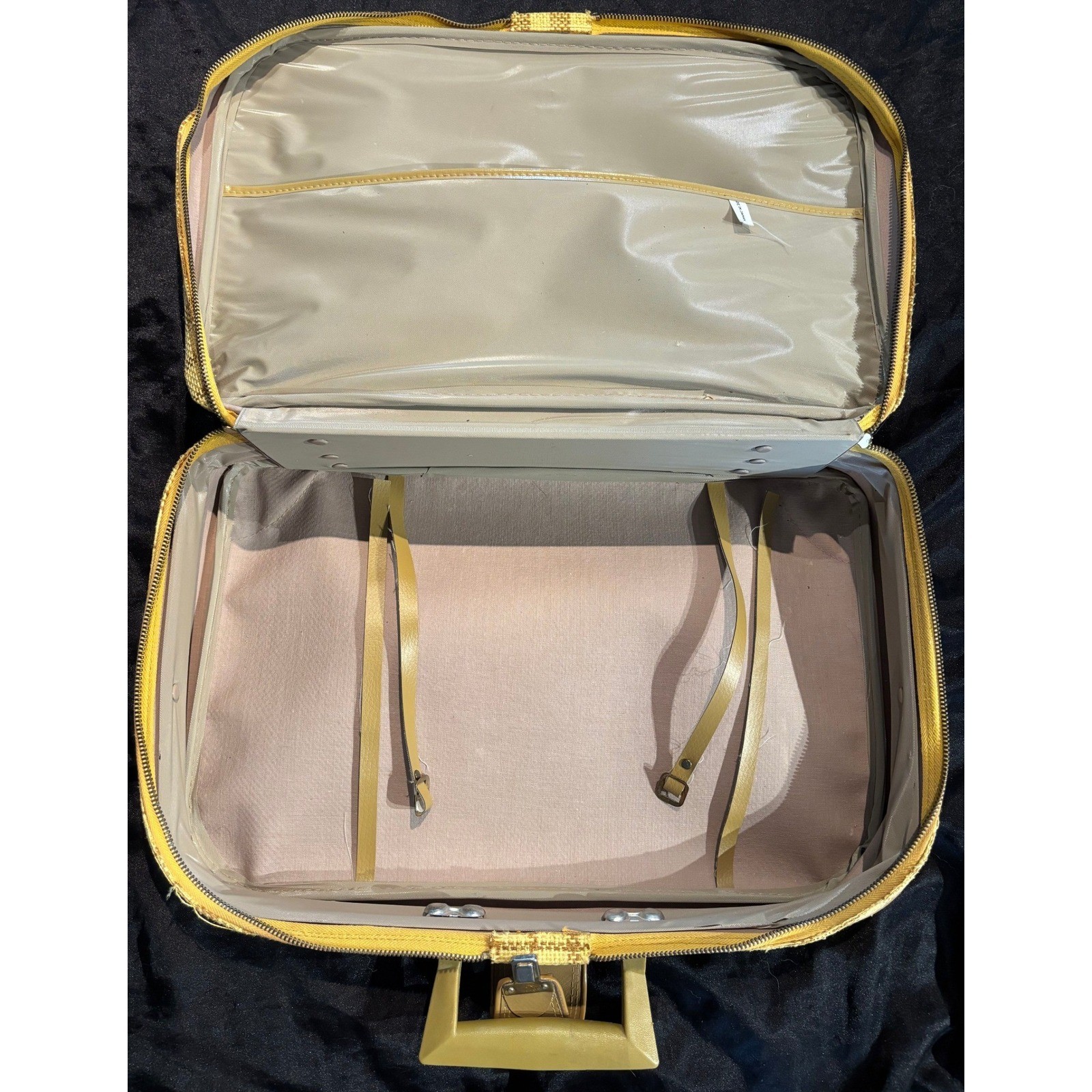 Vintage Plaid Suitcase Tan Yellow Woven Carry On Luggage Made Japan Mid Century
