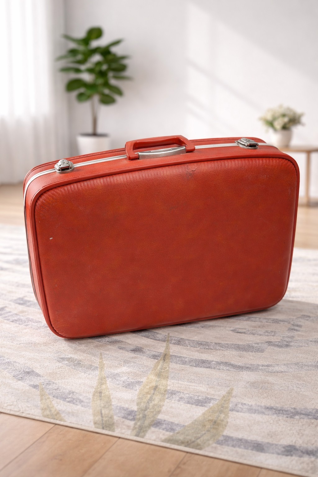 True Vintage Red Vinyl Hard Shell Locking Suitcase with Quilted Tan Interior