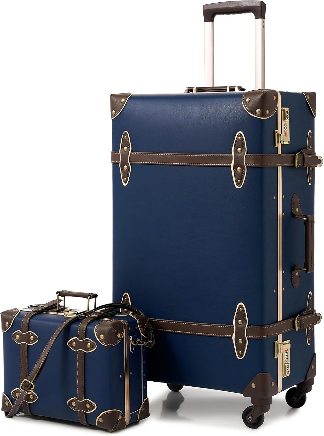 26″ Vintage Luggage Set, 2 Piece Navy Blue Retro Checked Suitcase with Cosmetic