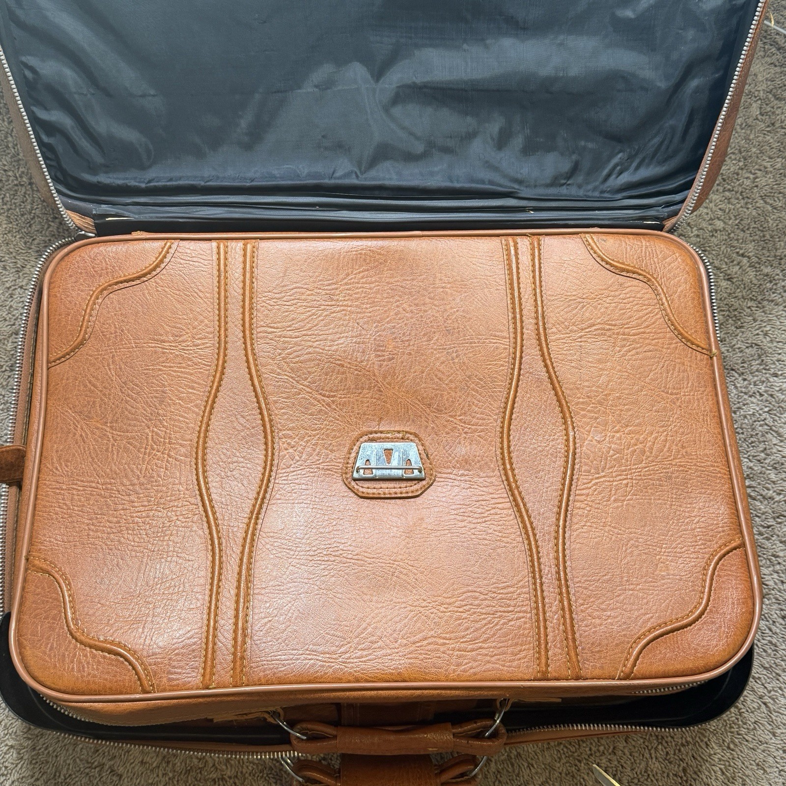 Vintage Monarch Luggage 2 Pc Brown Faux Leather Suitcase Set 70s 80s