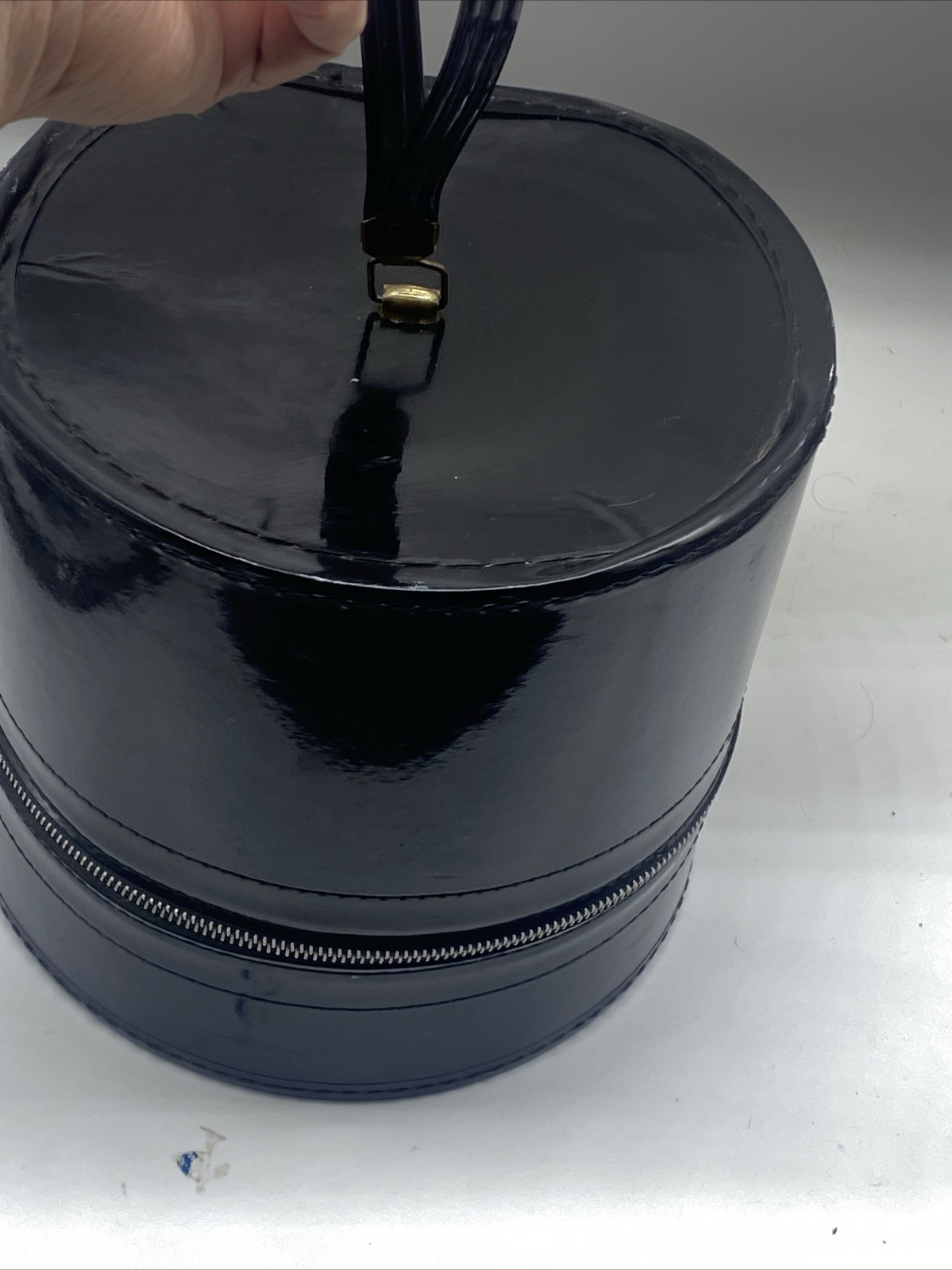 Vintage Black PATENT Wig HAT Box Case With HANDLE Round Set 14’ 9.5’ Set