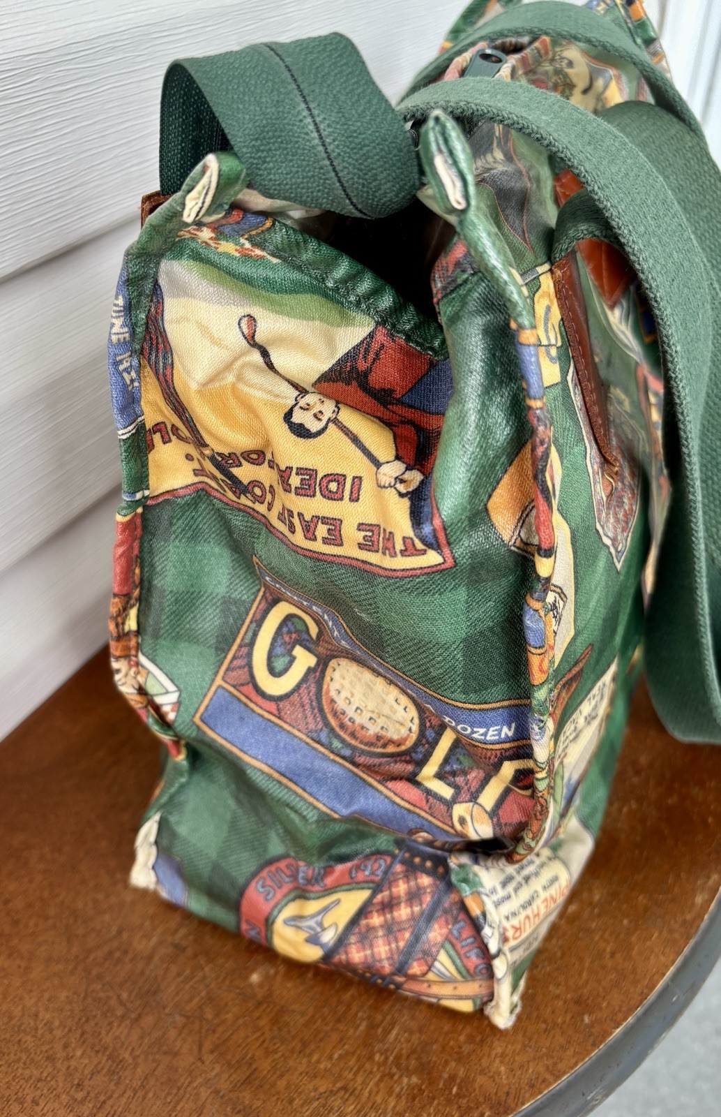 Vtg Nordic House Designs Tote Shoulder Bag Golf Theme Coated Canvas Leather Trim