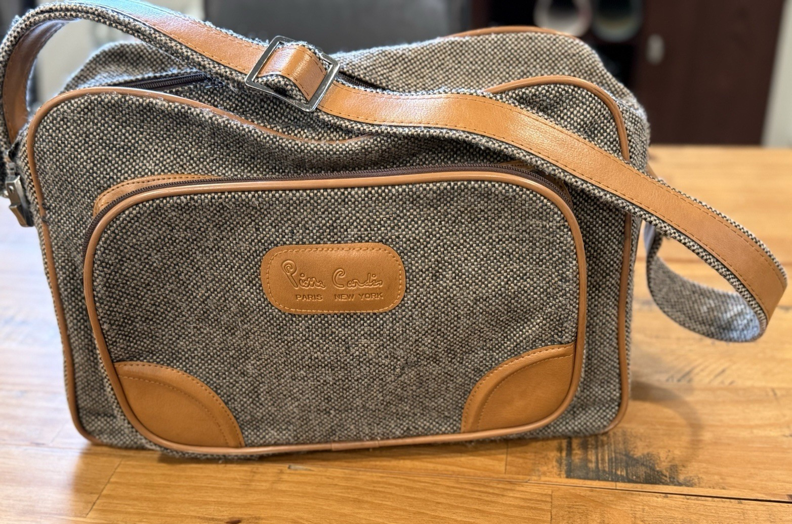 Vintage PIERRE CARDIN Luggage Bag / Sachel w Shoulder Strap Brown Tweed