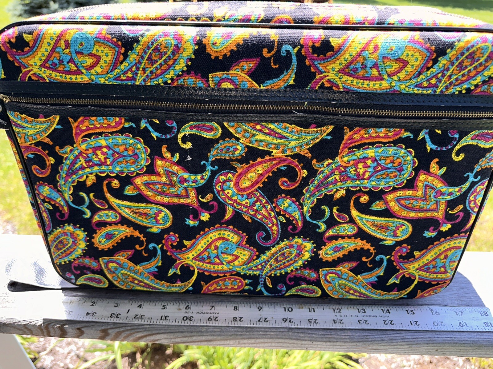 Vtg 60s Bantam Travelware Suitcase Luggage Paisley Mod Black Neon Canvas KEY