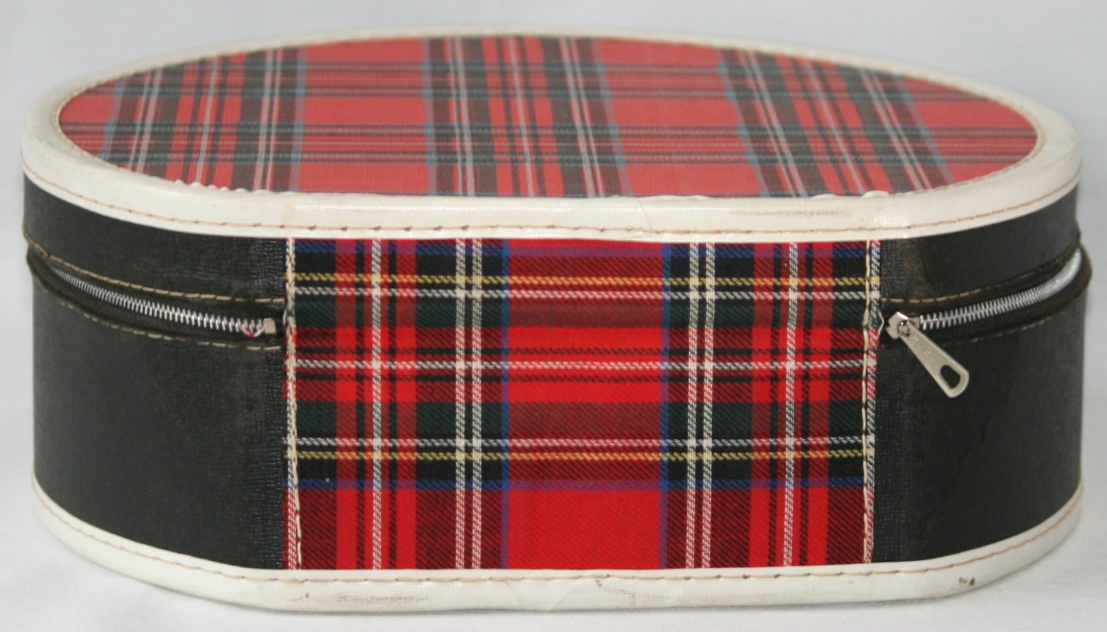 Round Train Case Red Black Gray White Tartan Plaid Zip Luggage 12.25 x 11 x 4.5