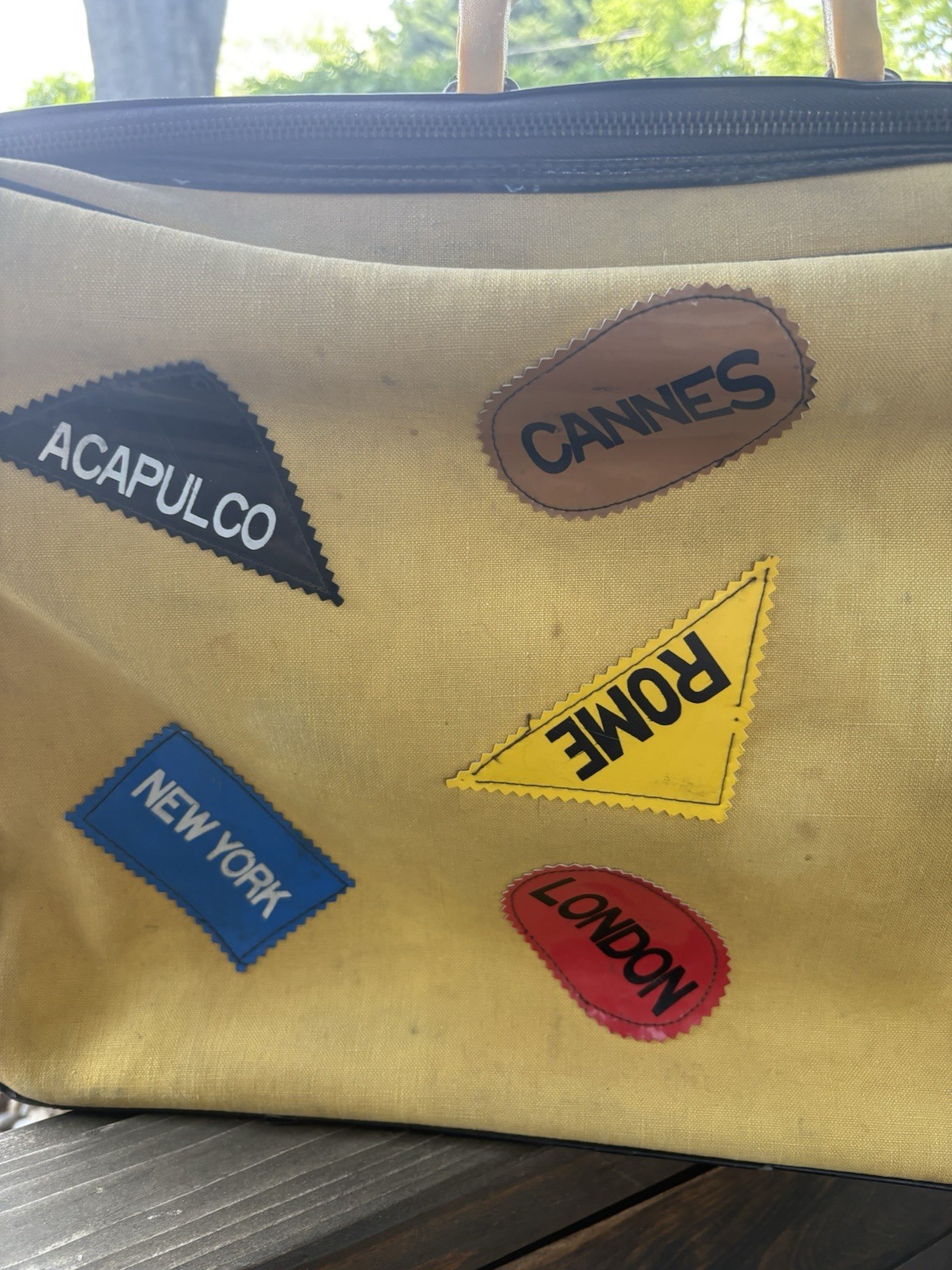 Vintage MCM Mod Yellow Suitcase Vinyl Destination Patches NY Rome Paris Tokyo