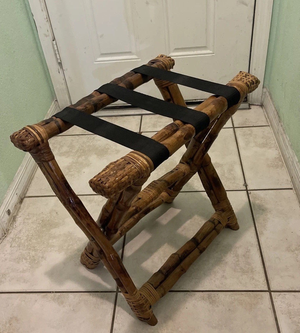 Chinoiserie Folding Bamboo/Rattin Luggage/Suitcase Rack FINE VINTAGE 21″x21″13″