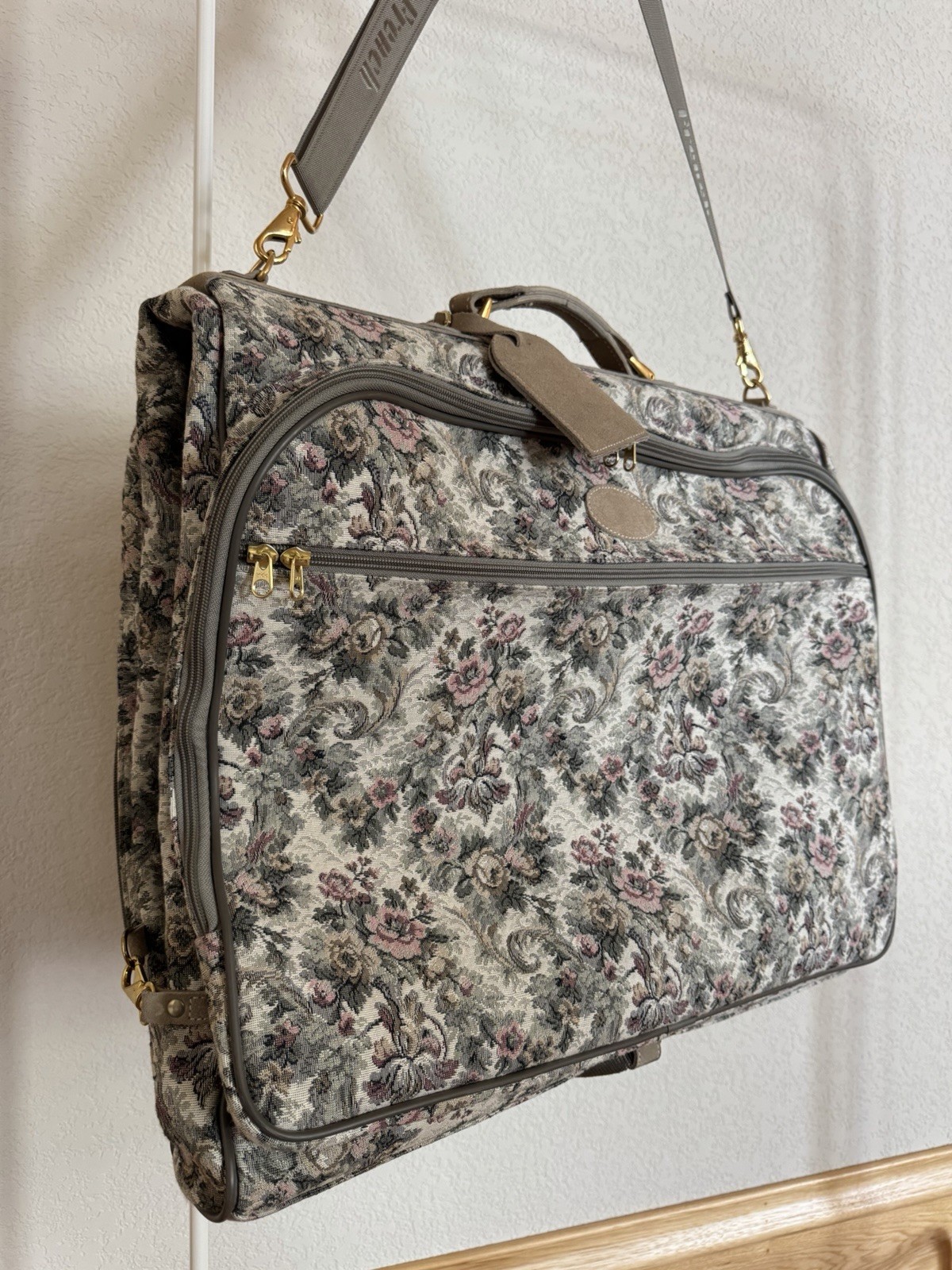 Vintage French Co Floral Tapestry Garment Bag Brocade Luggage USA Made