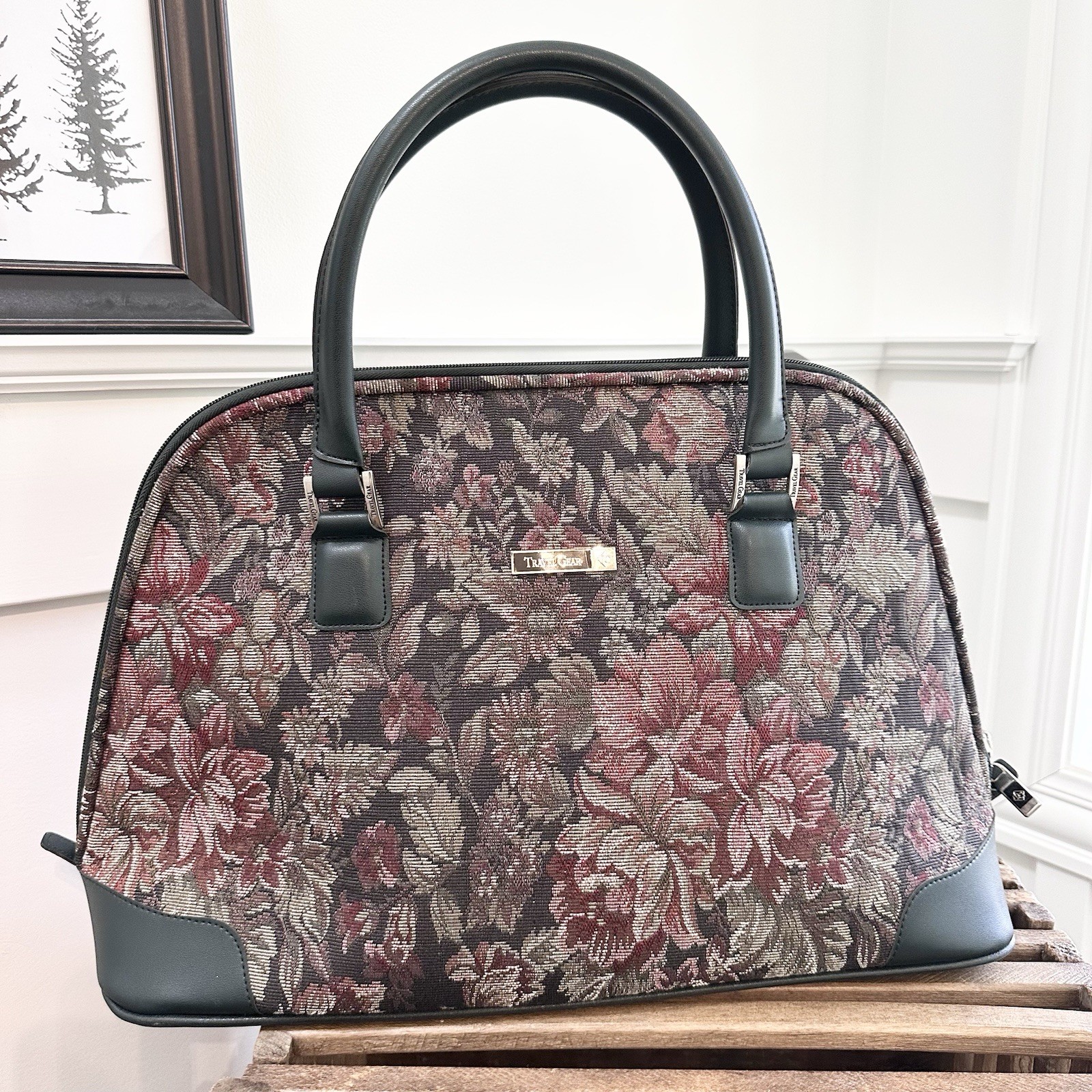 Vintage Travel Gear Tapestry Floral Satchel Luggage Mary Poppins Bag Green Rose