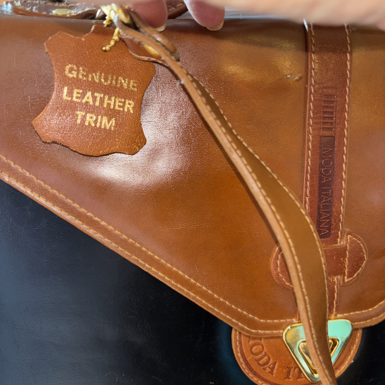 Vintage Moda Italiana Leather Briefcase Attache Black Brown Top Handle & Clasp